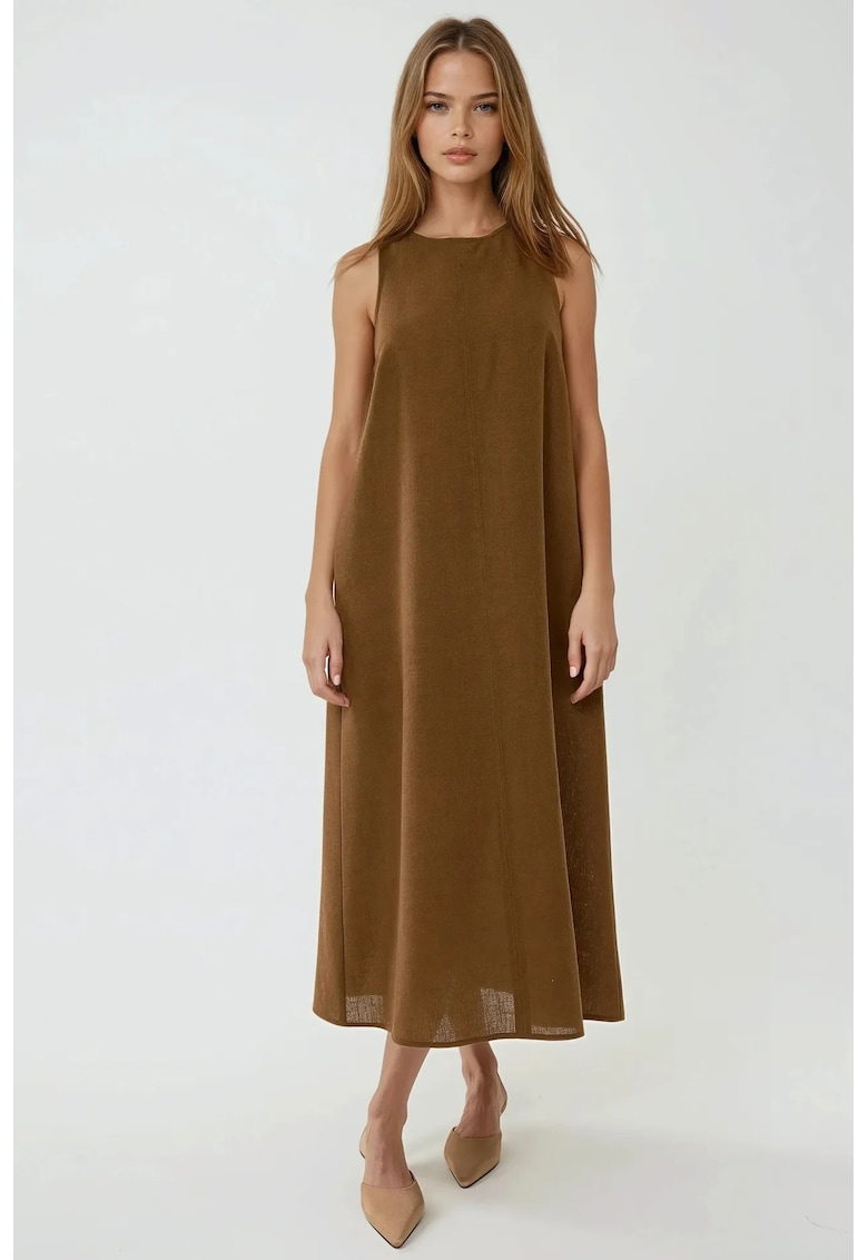 Rochie midi -  guler rotund - croiala in A - maro - bumbac amestecat cu in