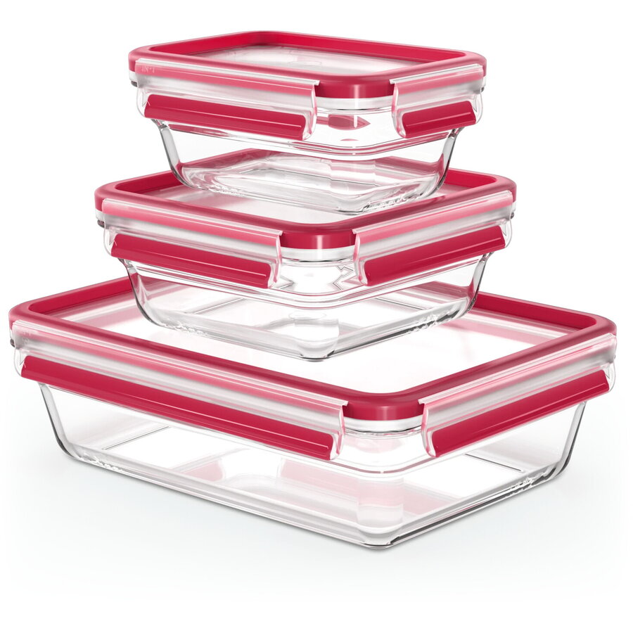 Oferte la CLIP & CLOSE glass food storage jar, 3-piece set (transparent/red, rectangular, 3 jars + 3 lids)