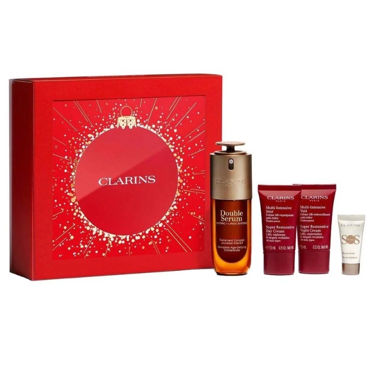 Oferte la Set Ingrijire Clarins Double Serum & Multi-Intensive, Femei – Serum Antirid, Crema Zi, Crema Noapte si SOS Primer