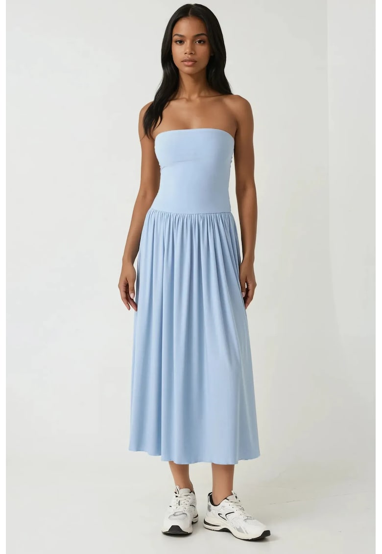 Rochie midi 2 in 1 -  fara bretele - elastica - albastra - jerseu
