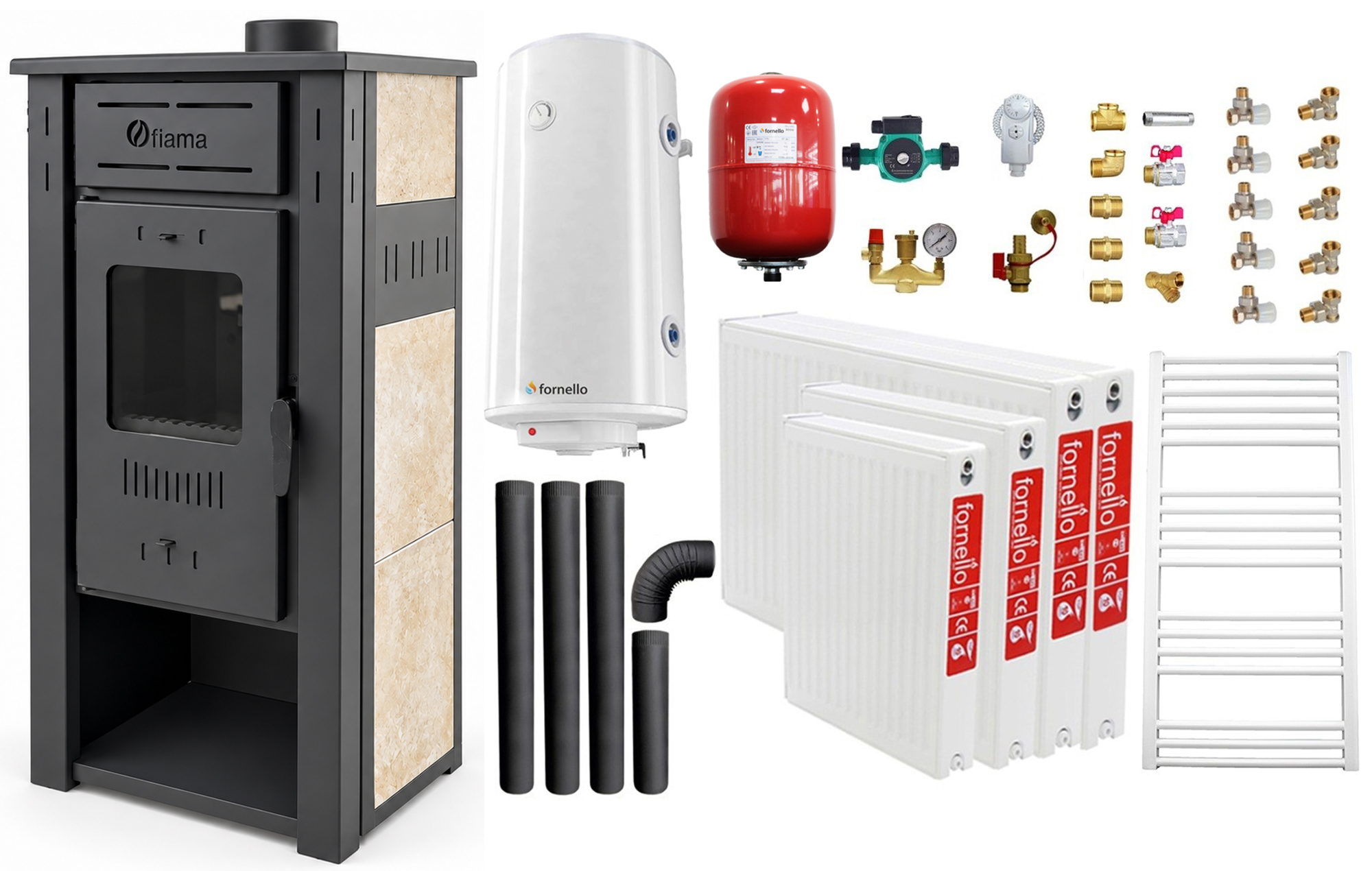 Oferte la Pachet incalzire si apa calda pentru 3 camere Termosemineu pe lemne brichete si carbune  FIAMA AMBASADOR Ivory 245 kW boiler termoelectric 100l vas expansiune pompa circulatie kit evacuare calorifere si kit montaj