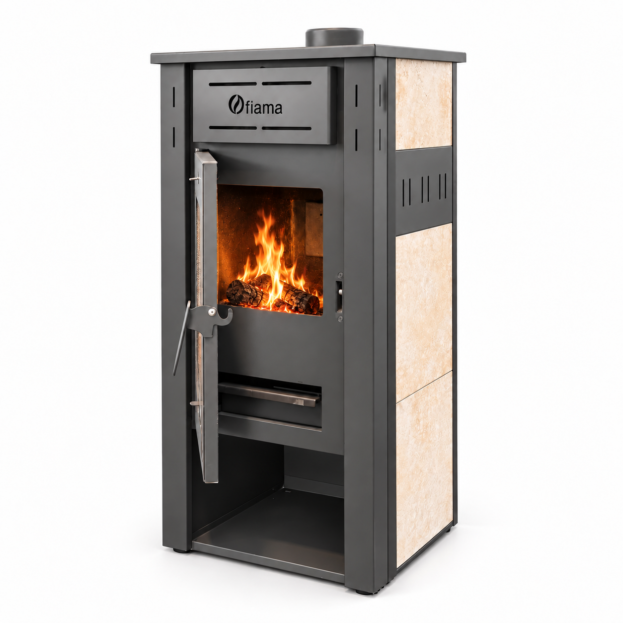 Oferte la Pachet incalzire si apa calda pentru 2 camere Termosemineu pe lemne brichete si carbune FIAMA AMBASADOR Ivory 245 kW teava PPR si fitinguri boiler termoelectric 100l vas expansiune pompa circulatie kit evacuare calorifere si kit