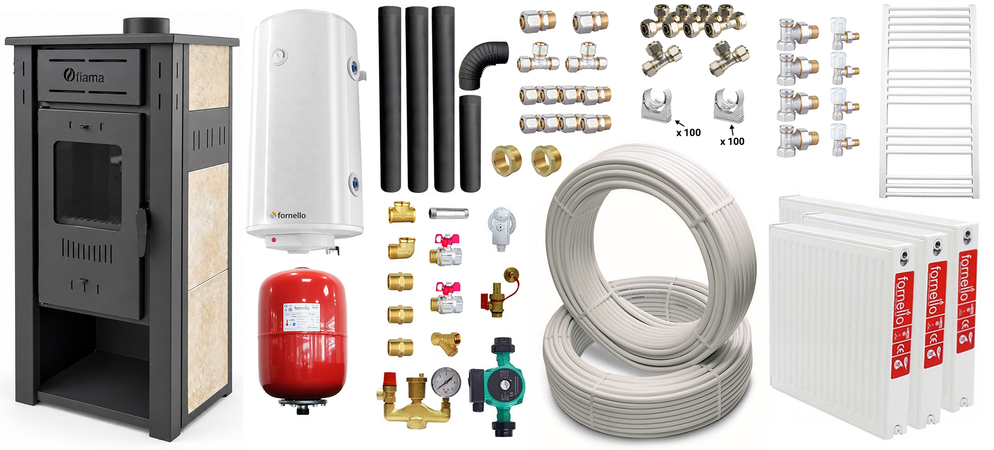 Oferte la Pachet incalzire si apa calda pentru 2 camere Termosemineu pe lemne brichete si carbune  FIAMA AMBASADOR Ivory 245 kW teava boiler termoelectric 100l vas expansiune pompa circulatie kit evacuare calorifere si fitinguri