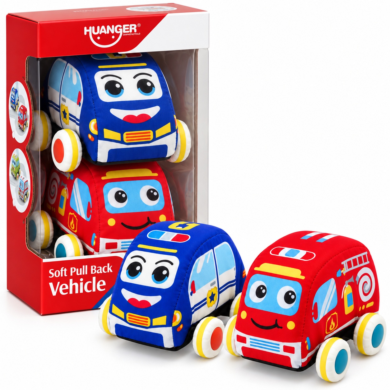 Oferte la Set 2 masinute moi pentru bebelusi, politie si pompieri, mecanism pull-back, Multicolor