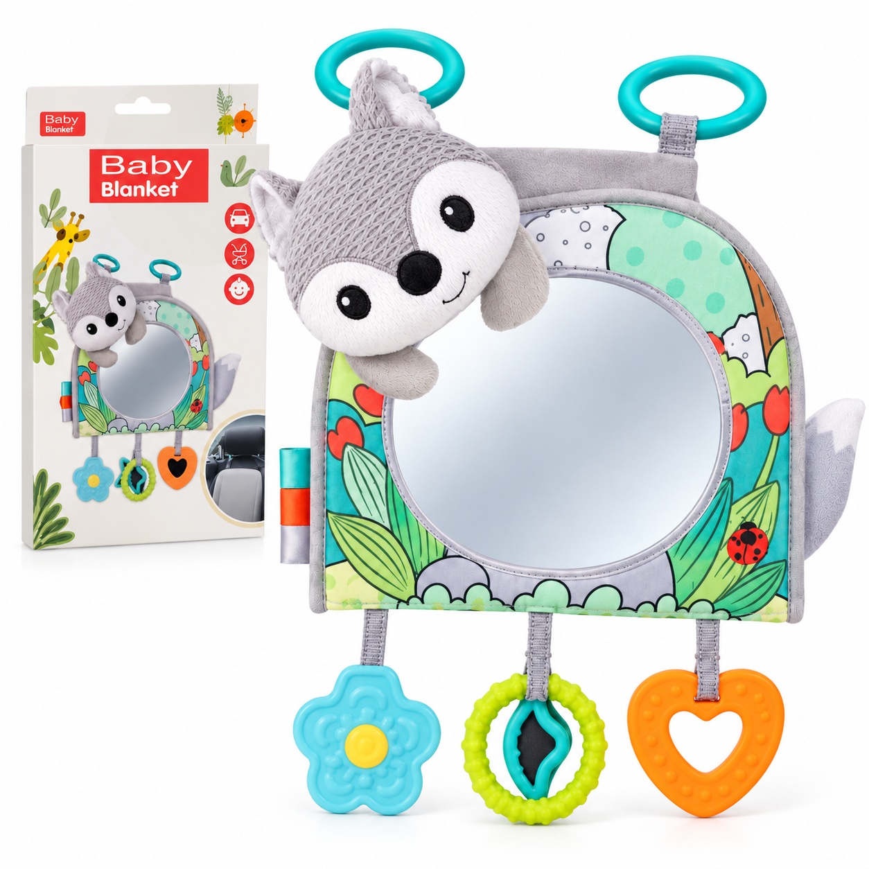 Oferte la Oglinda auto pentru bebelusi cu jucarii senzoriale, model vulpita, prindere pe tetiera, multicolor