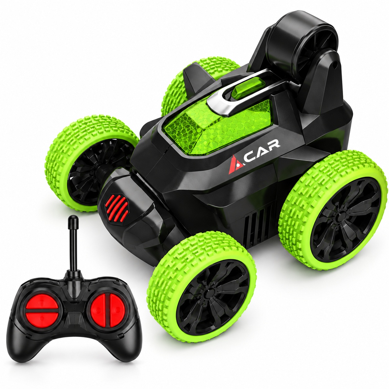 Oferte la Masina de cascadorii cu telecomanda R/C, 40 MHz, rotire 360°, doua fete, roti mari, verde-negru