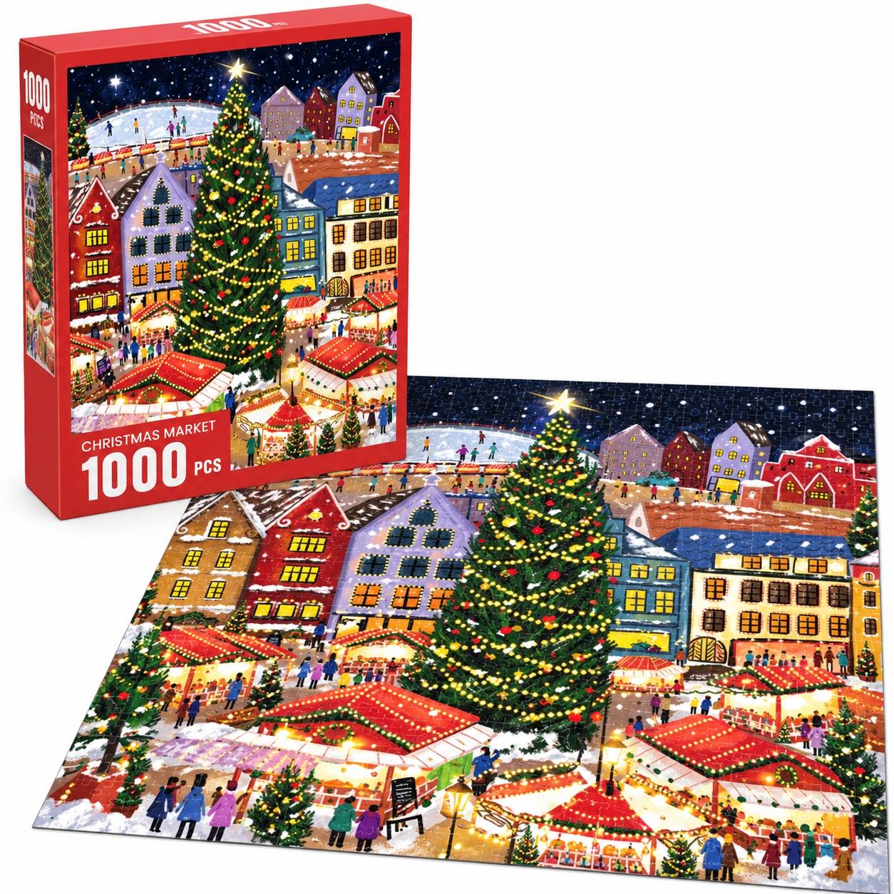 Puzzle Christmas Market, 1000 piese, peisaj de Craciun cu brad si targ festiv, multicolor