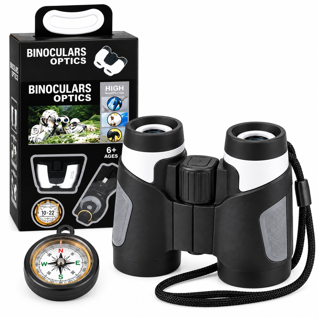Set de explorare pentru copii cu binoclu, busola si snur de purtare, negru-alb, 6 ani+