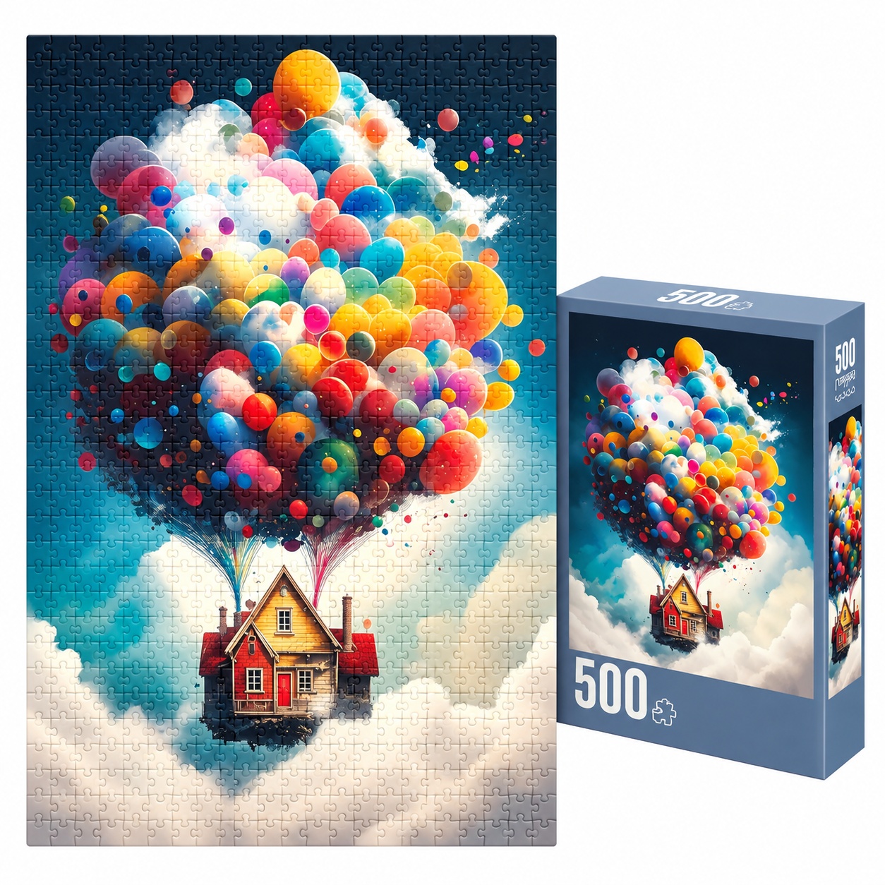 Oferte la Puzzle Casa zburatoare cu baloane, 500 piese, ilustratie fantastica, multicolor