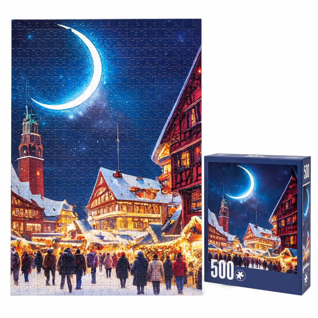 Oferte la Puzzle Winter Night Street, 500 piese, peisaj de iarna cu oras luminat, multicolor