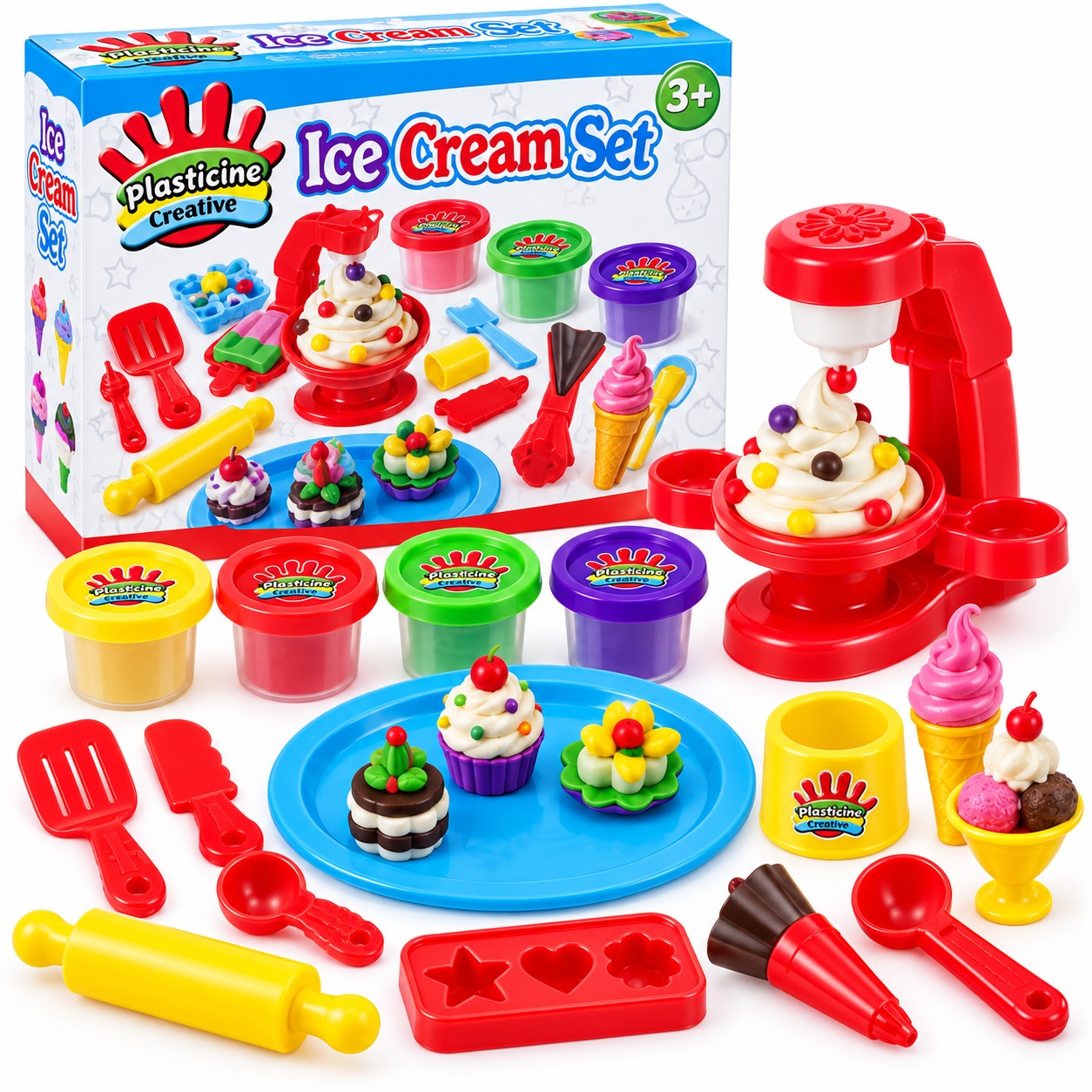 Oferte la Set de plastilina creativa Ice Cream, 4 culori, aparat de facut inghetata si accesorii, 3 ani+