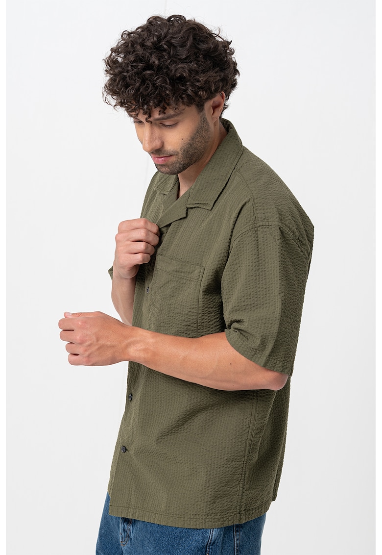 Oferte la Camasa texturata cu maneci scurte - Kaki inchis