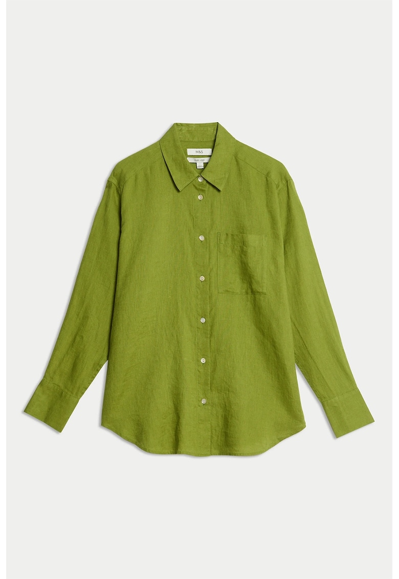 Oferte la Camasa de in cu buzunar pe piept - Verde inchis
