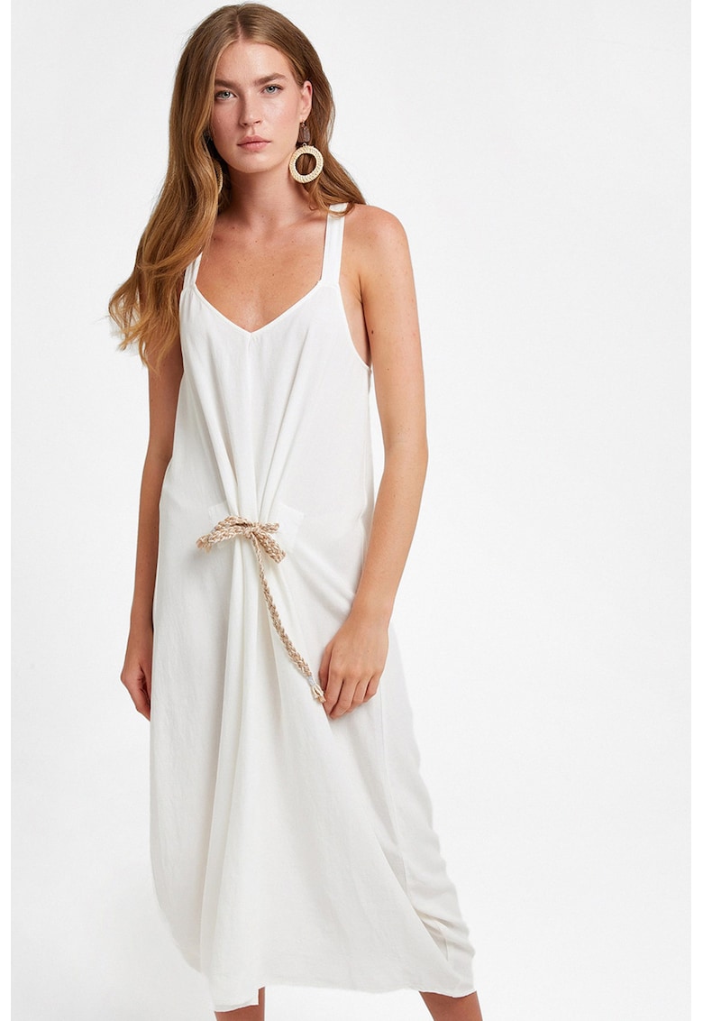 Oferte la Rochie midi din amestec de in cu decolteu in V - Alb
