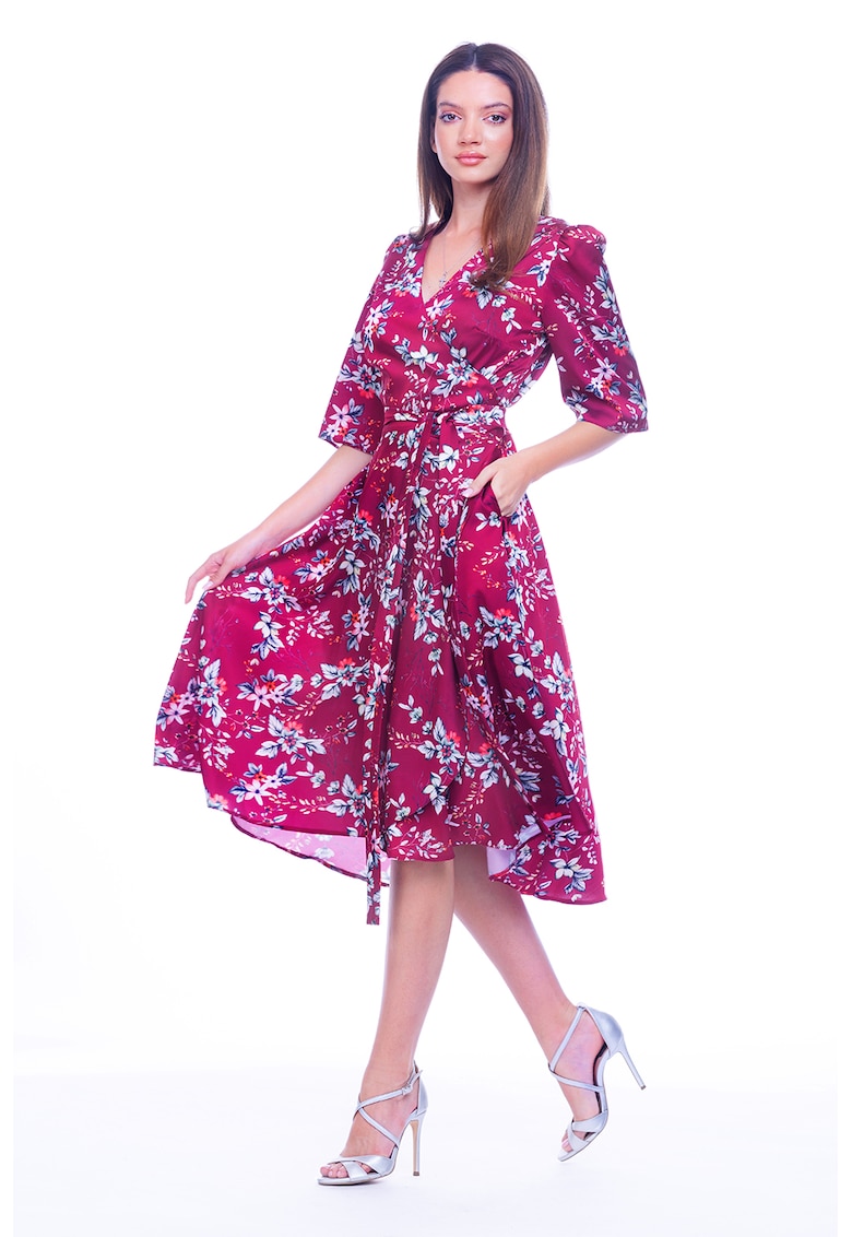 Oferte la Rochie cu croiala petrecuta si buline - Roz zmeuriu/Albastru