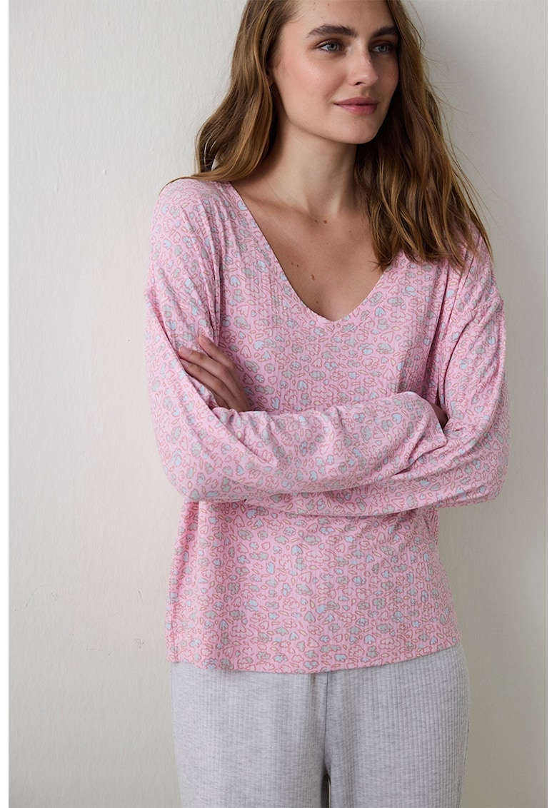 Bluza de pijama cu decolteu in V si model floral - Roz