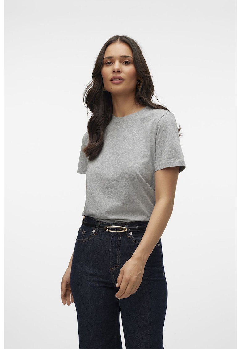 Tricou de bumbac organic cu decolteu la baza gatului - Gri melange