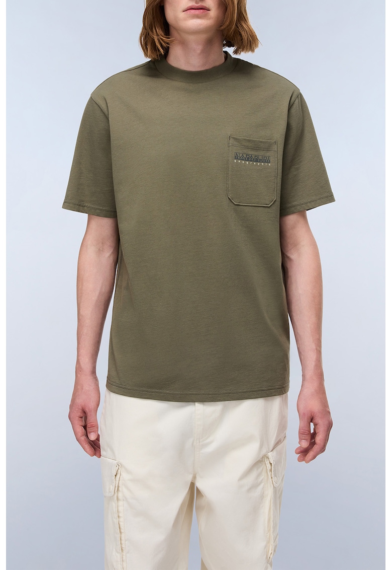 Tricou cu buzunar pe piept si decolteu la baza gatului - Maro taupe/Kaki