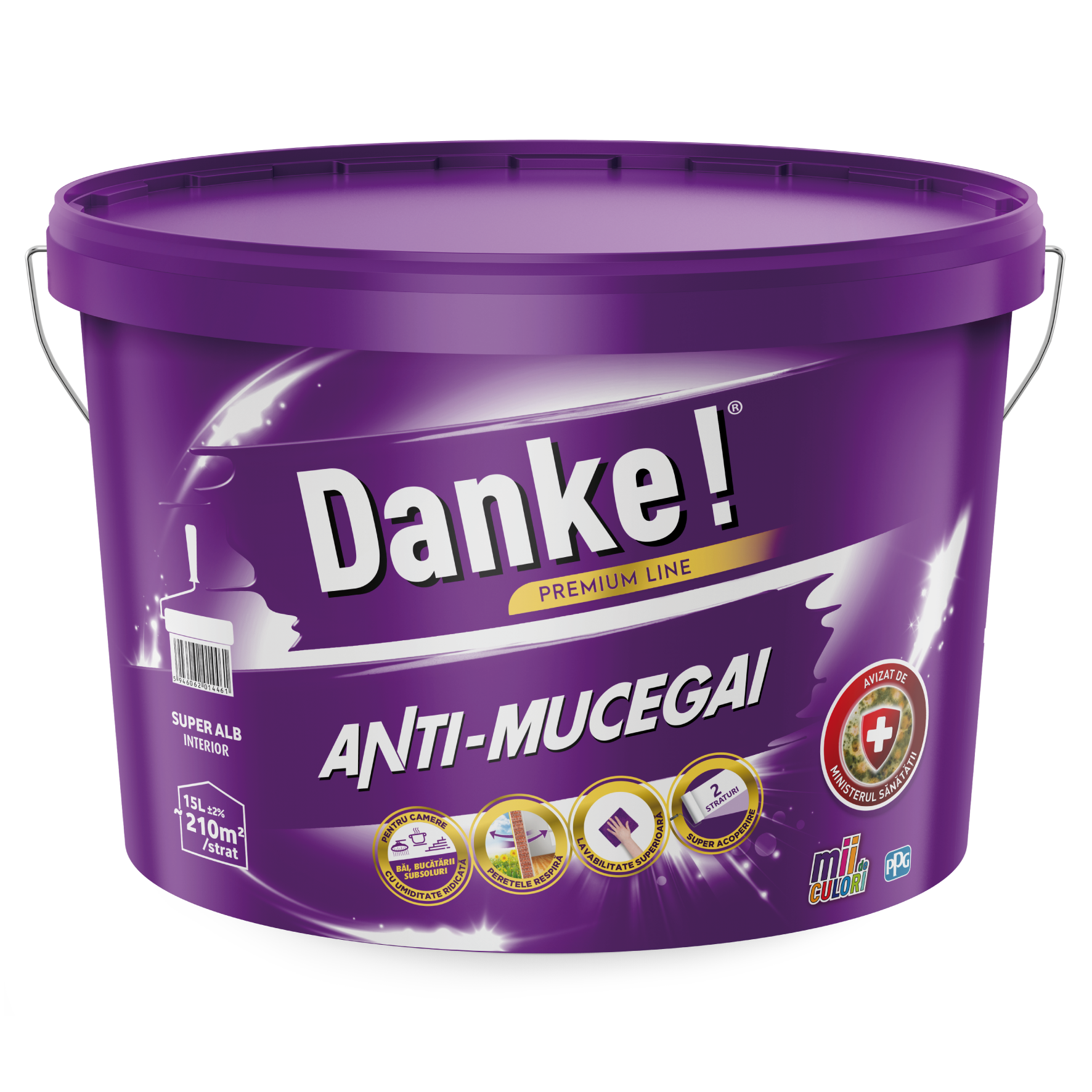 Vopsea lavabila antimucegai Danke, interior, baie si bucatarie, alb, 15 l
