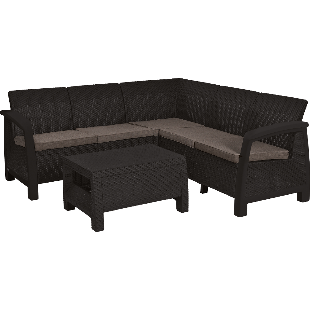 Oferte la Set mobilier de gradina, 2 piese, coltar, Keter Bahamas Relax, plastic, canapea 182 x 182 x 79 cm, masa 77 x 57 x 42 cm, maro