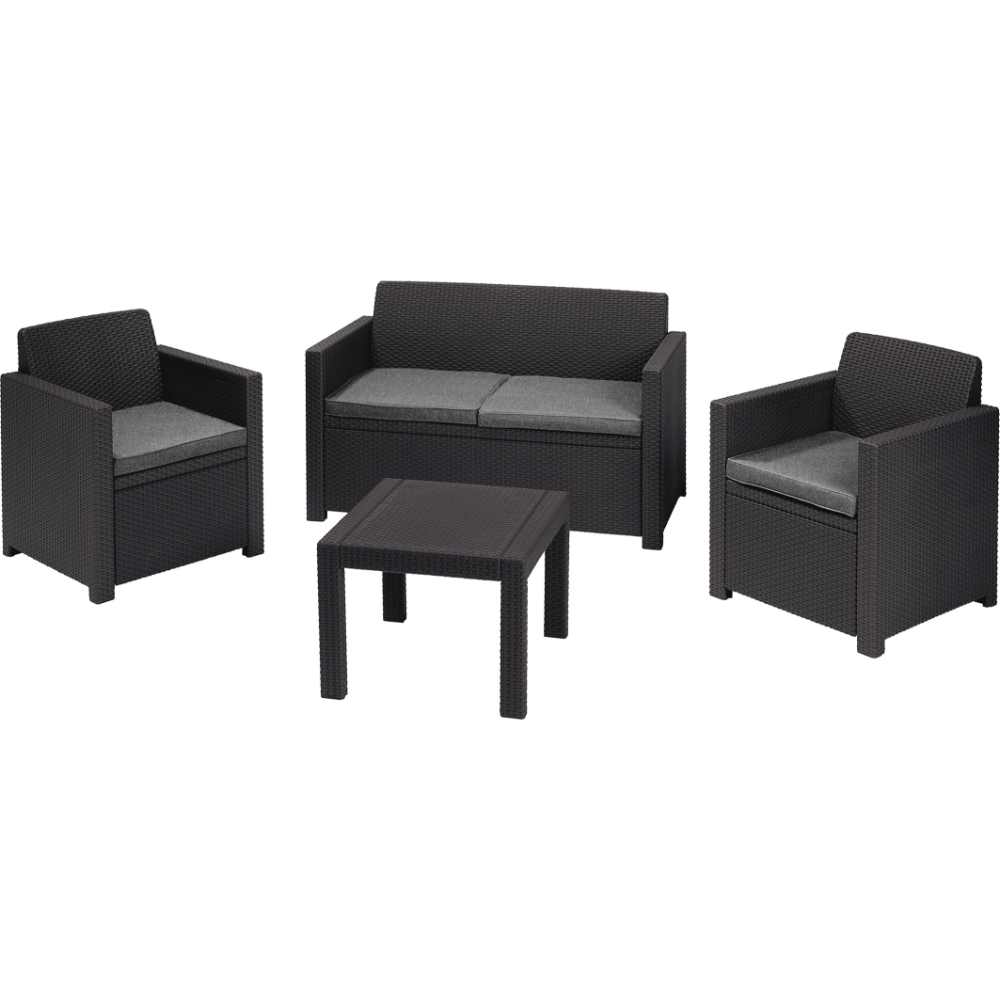 Oferte la Set mobilier de gradina, 4 piese, Keter Alabama, plastic, 2 scaune 65 x 67 x 77cm, canapea 129 x 67 x 77 cm, masa 59 x 59 x 43cm, gri antracit