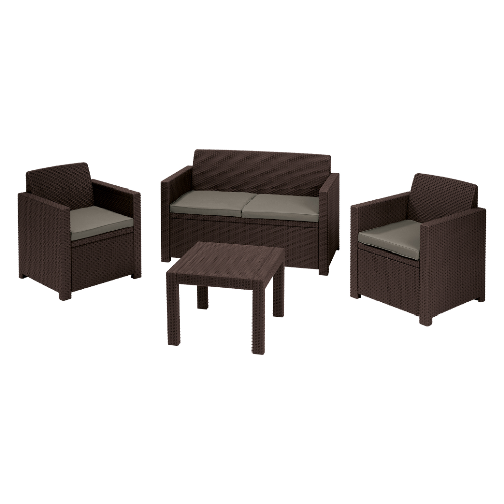 Oferte la Set mobilier de gradina, 4 piese, Keter Alabama, plastic, 2 scaune 65 x 67 x 77cm, canapea 129 x 67 x 77 cm, masa 59 x 59 x 43cm, maro