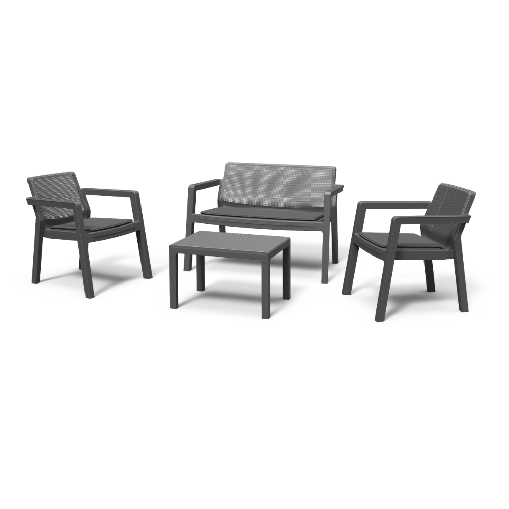Set mobilier de gradina/balcon, 4 piese, Keter Emily, plastic, 2 scaune 68 x 64 x 75cm, canapea 111 x 68 x 75 cm, masa 65 x 47 x 42cm, gri antracit