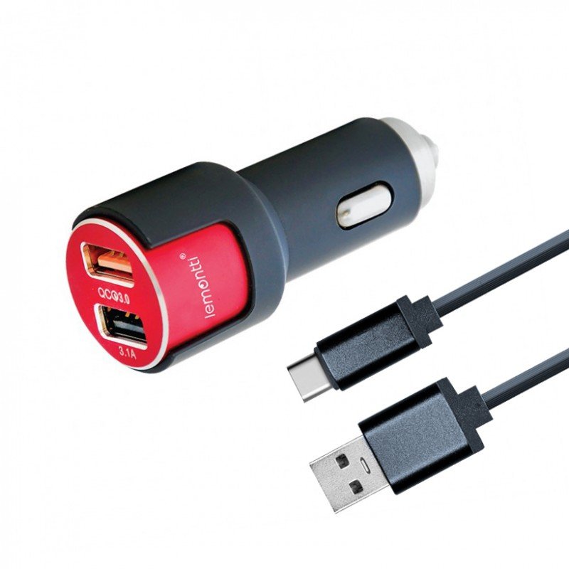Incarcator auto Qualcomm 3.0 Dual USB Type-C 3.1A Negru / Rosu