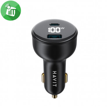 Incarcator Auto CC100W Display 100W 5A 1 x USB-A - 1 x USB-C Negru