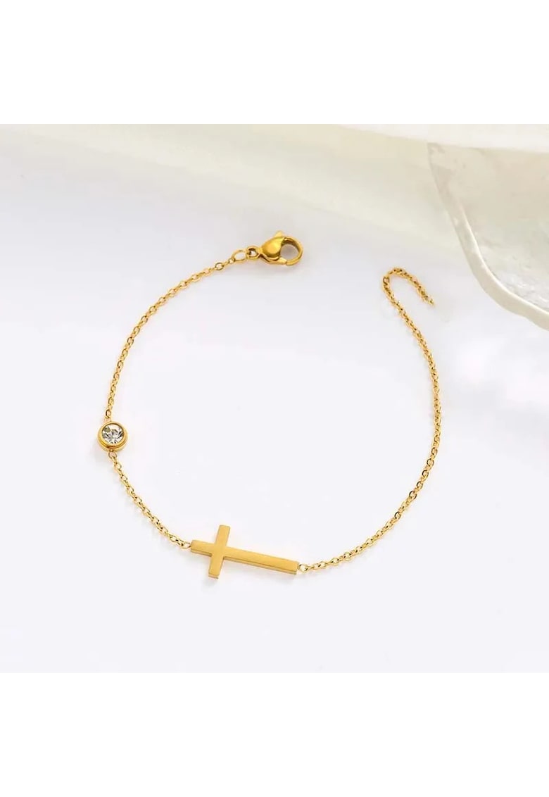 Bratara aurie - din otel inoxidabil 316L - placata cu aur 18K PVD - cu piatra din zirconiu si cruciulita - Jevanna C5