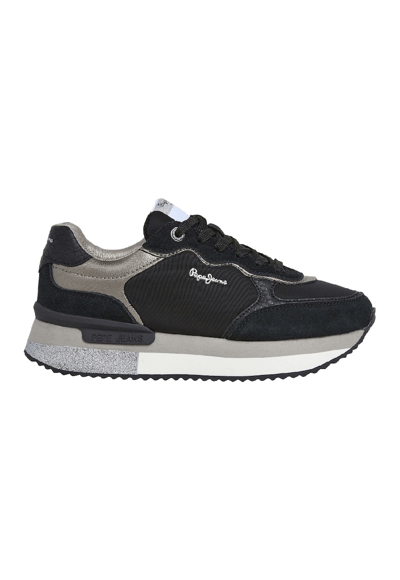 Pantofi sport din piele ecologica cu garnituri din piele intoarsa - Negru/Argintiu