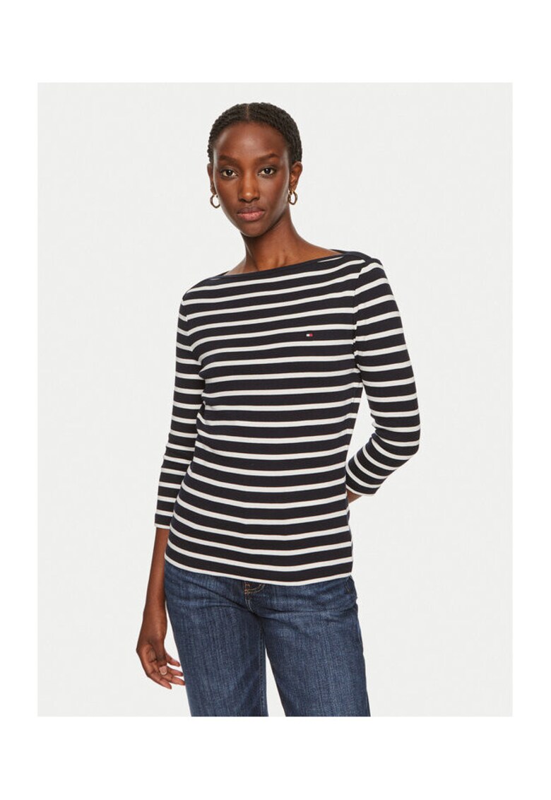 Oferte la Bluza dama -  bumbac - cu dungi - alb/bleumarin -