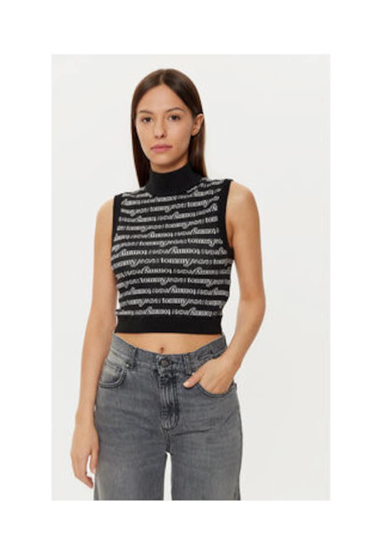Top cu guler inalt si imprimeu logo -  bumbac - negru/gri