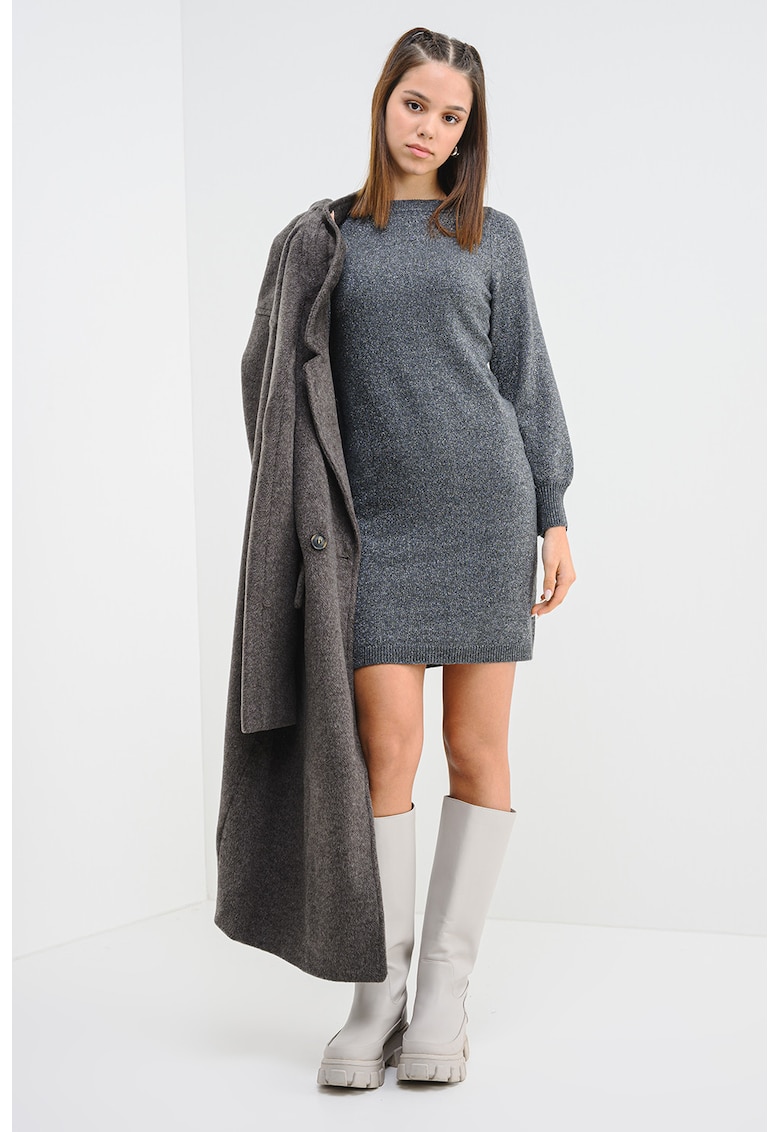 Rochie mini cu decolteu la baza gatului si maneci lungi - Gri/Argintiu