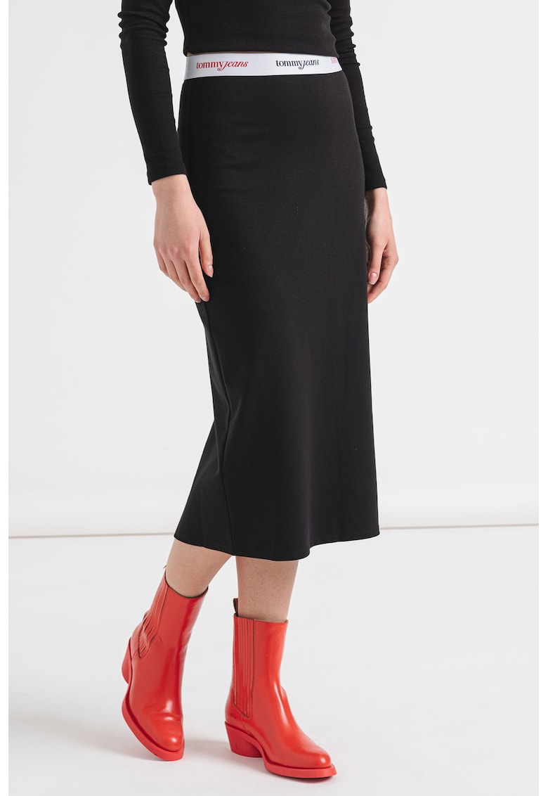 Oferte la Fusta cu talie inalta - slit pe partea din spate si banda logo in talie - Negru