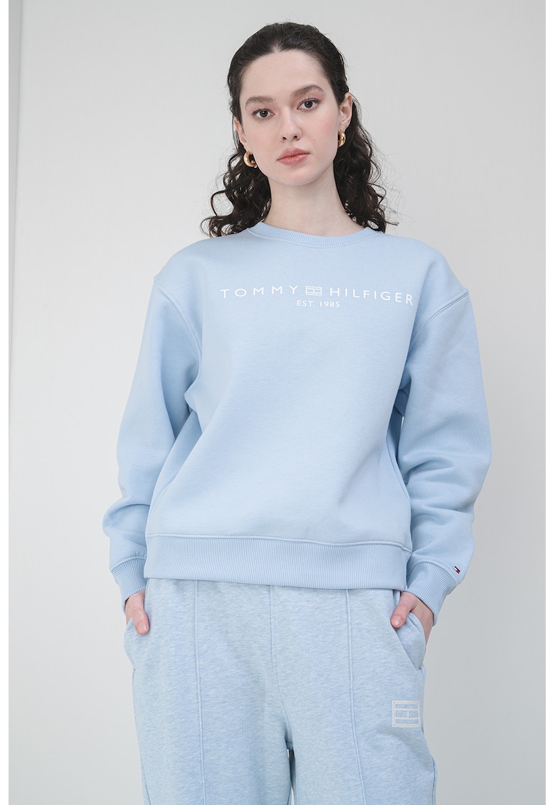 Bluza de trening cu imprimeu logo si decolteu la baza gatului - Albastru deschis
