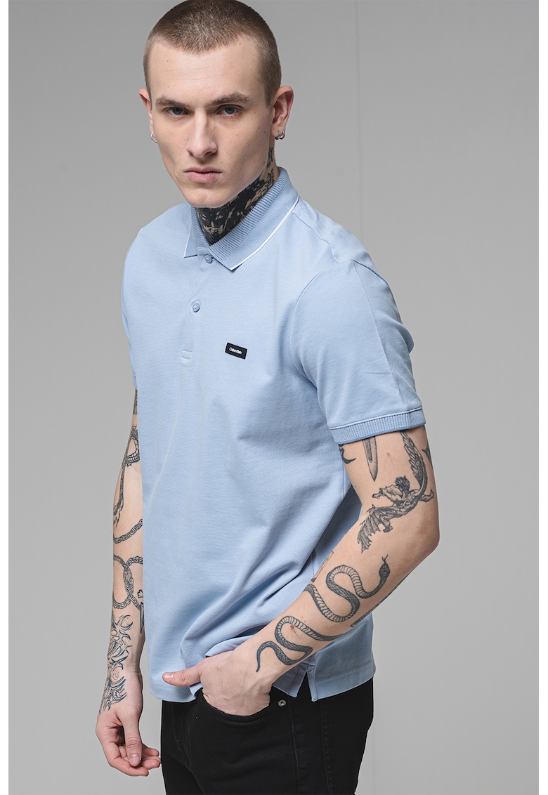Tricou polo din amestec de bumbac organic cu logo discret - Alb/Albastru pastel
