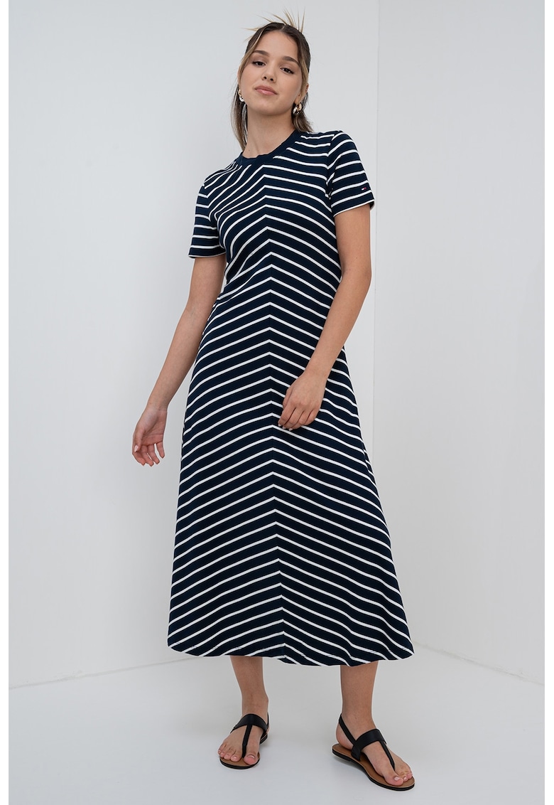 Rochie cu model si croiala in A - Alb/Bleumarin
