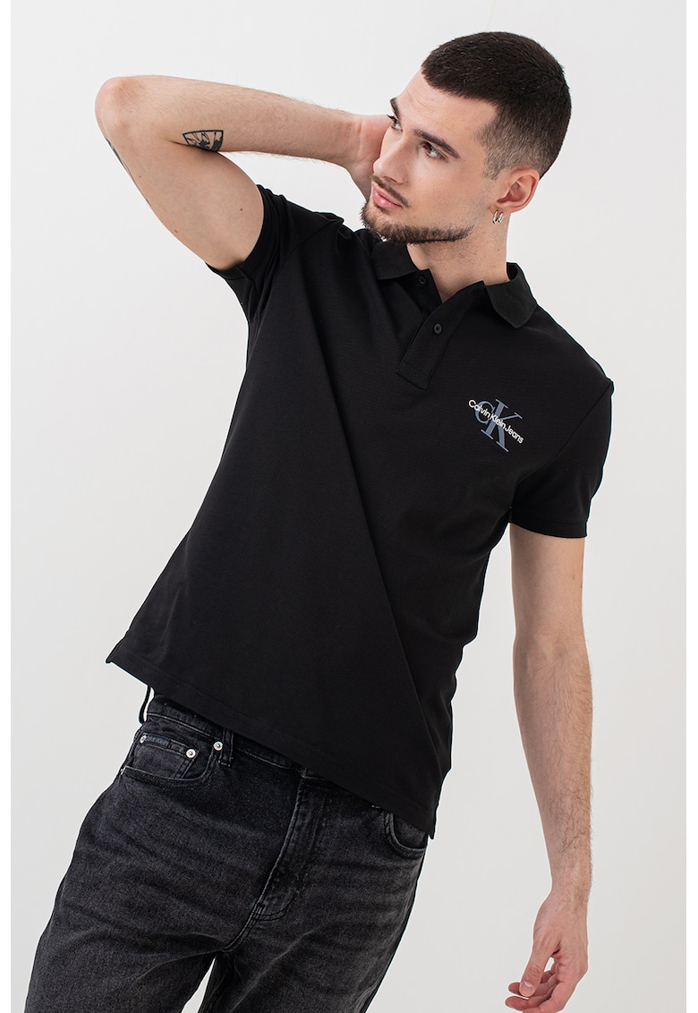 Tricou polo cu logo - Albastru prafuit/Negru stins/Alb optic