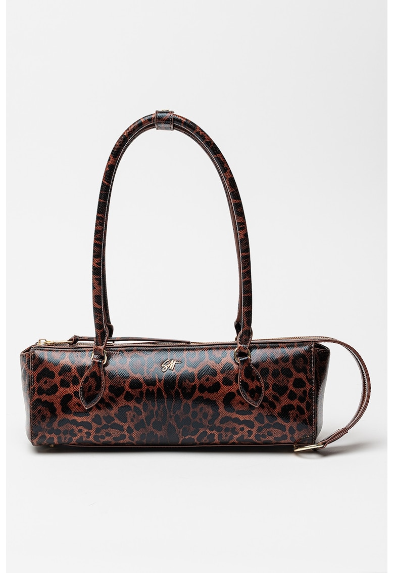 Geanta bowler de piele ecologica cu animal print Remie - Negru/Maro