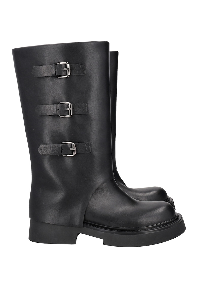Cizme mid-calf de piele si piele ecologica - Negru