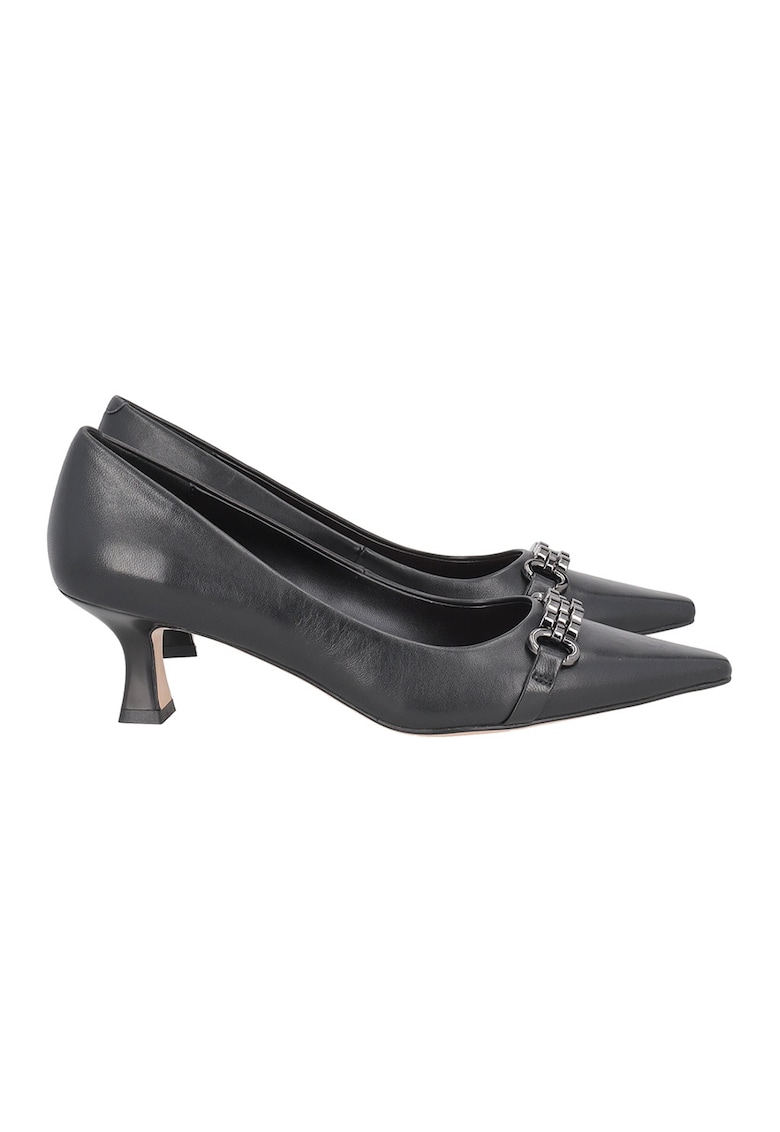 Pantofi de piele cu toc si detaliu metalic - Negru