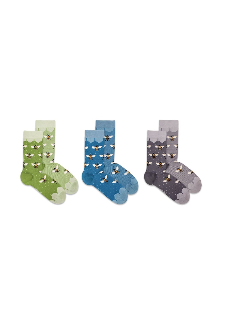Sosete bambus BOX 3 FINE BAMBOO Bees - Green Turquoise Grey