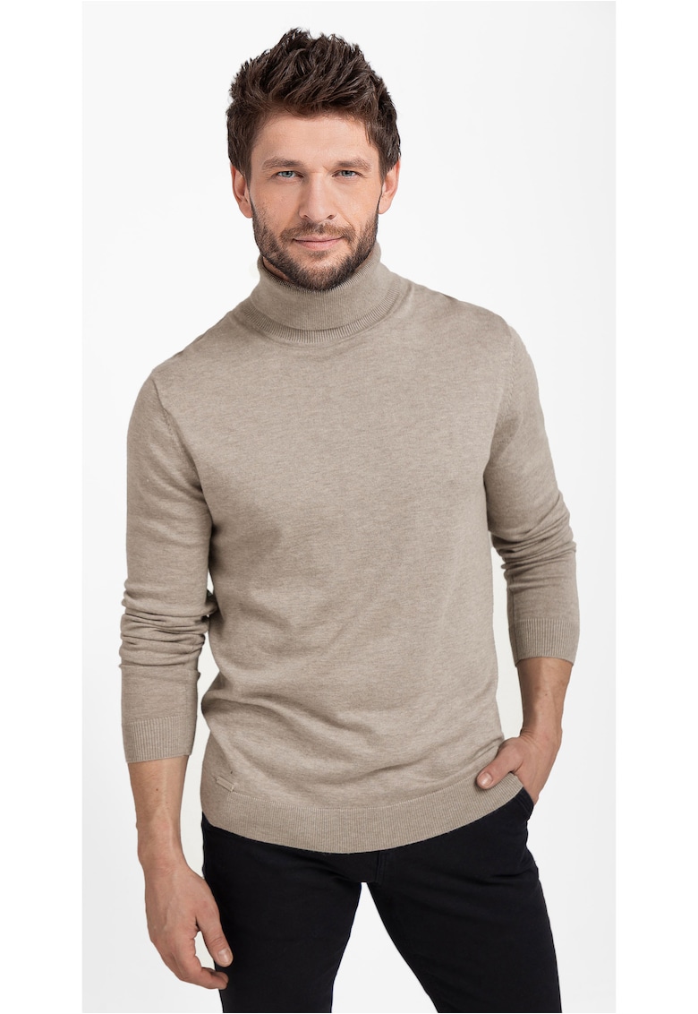Pulover tricotat fin cu guler inalt -  S-Max - Bej melange - Bej melange