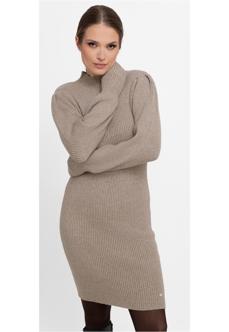 Rochie midi tricotata cu maneci lungi - guler inalt -  G-Nesca - bej - Bej