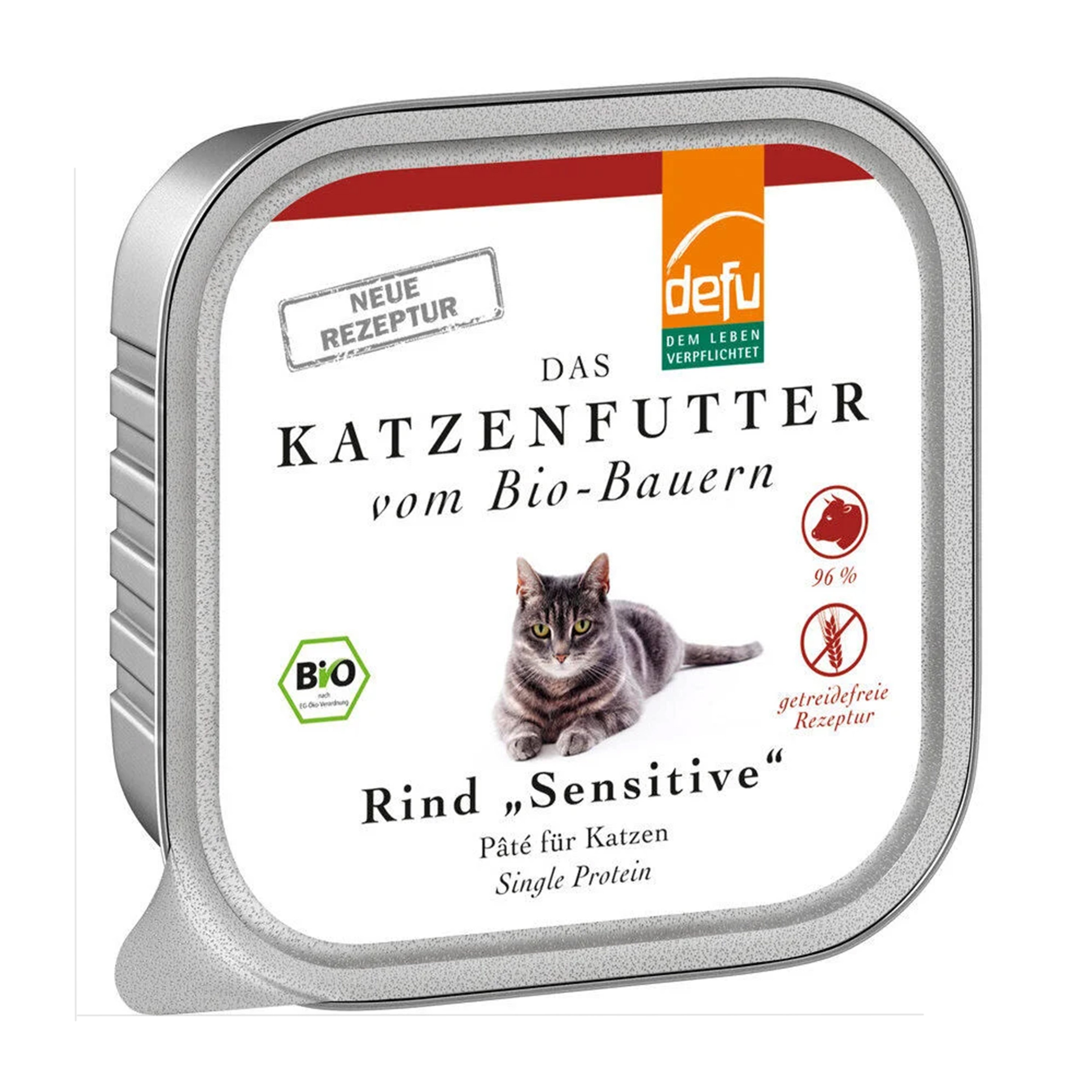 Hrana umeda pentru pisici cu vita „Sensitiv” bio – pate fin fara cereale, 100g, Defu