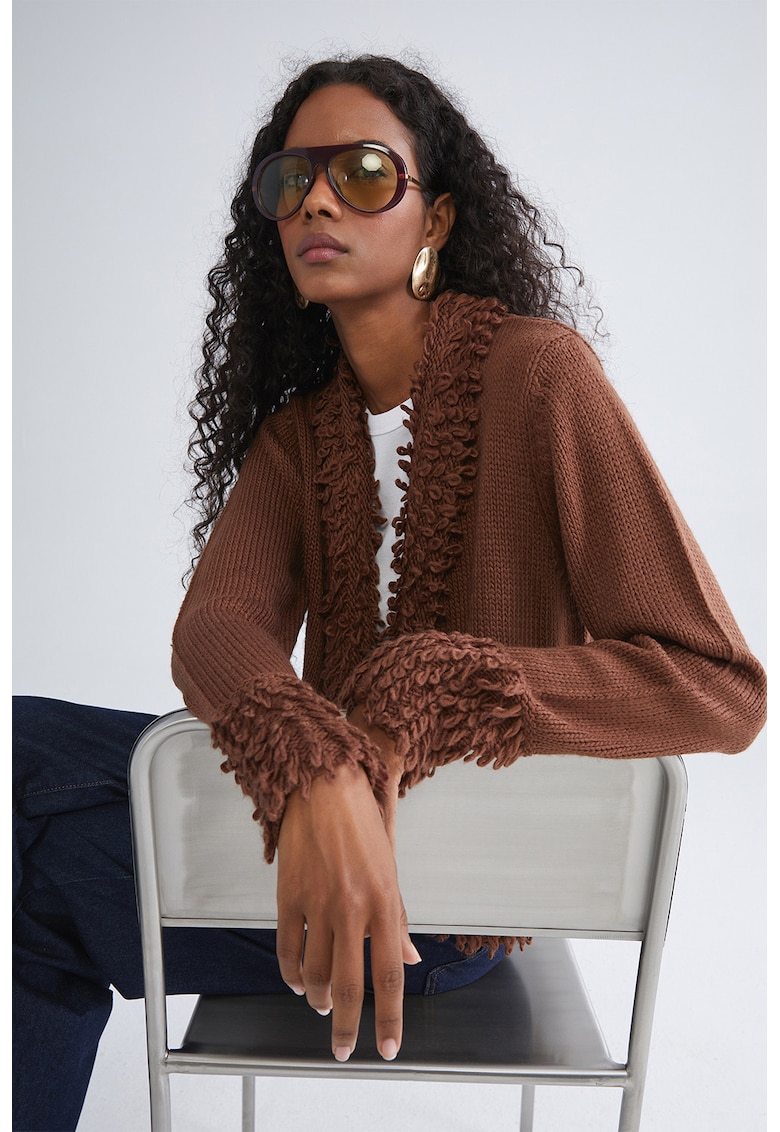 Cardigan uni cu detalii pufoase - fara inchidere - Maro cognac
