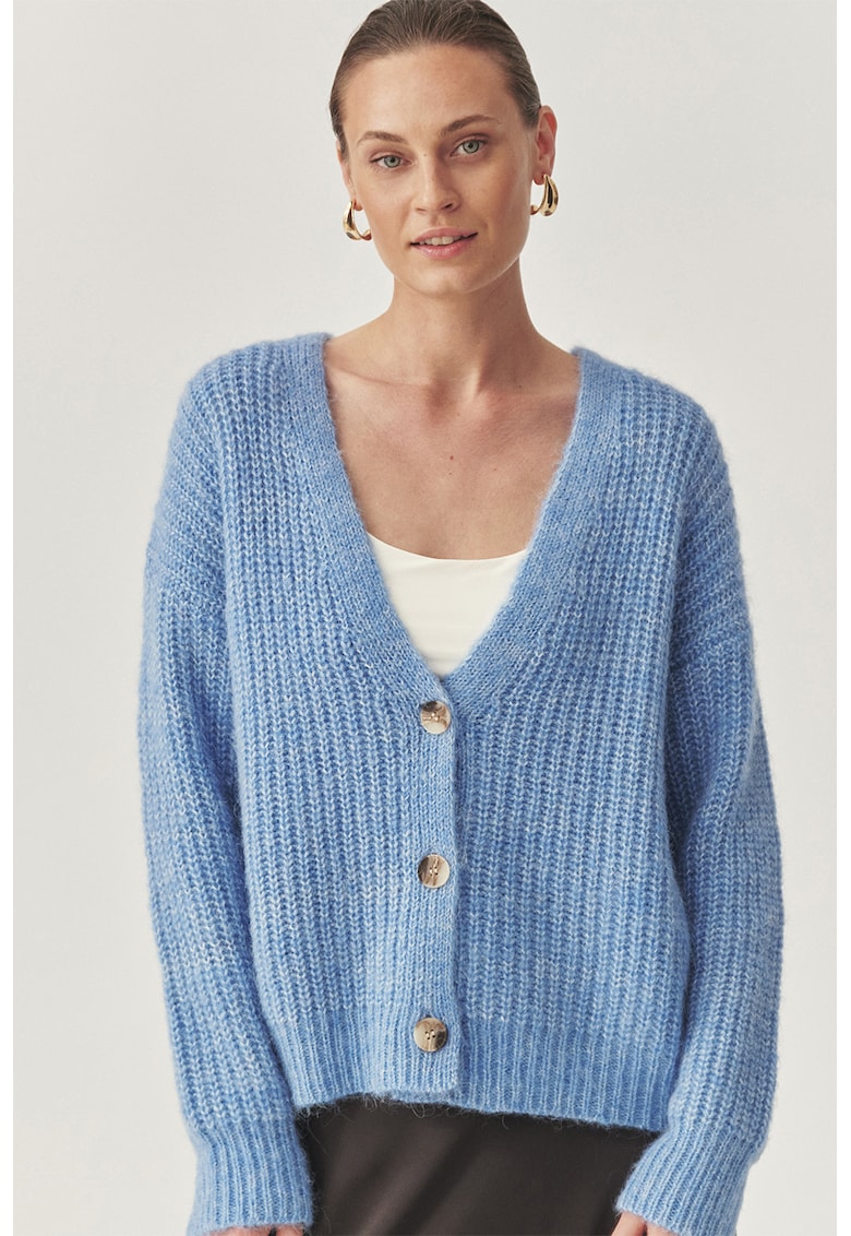 Cardigan tricotat din amestec de lana cu maneci cazute - Albastru pastel