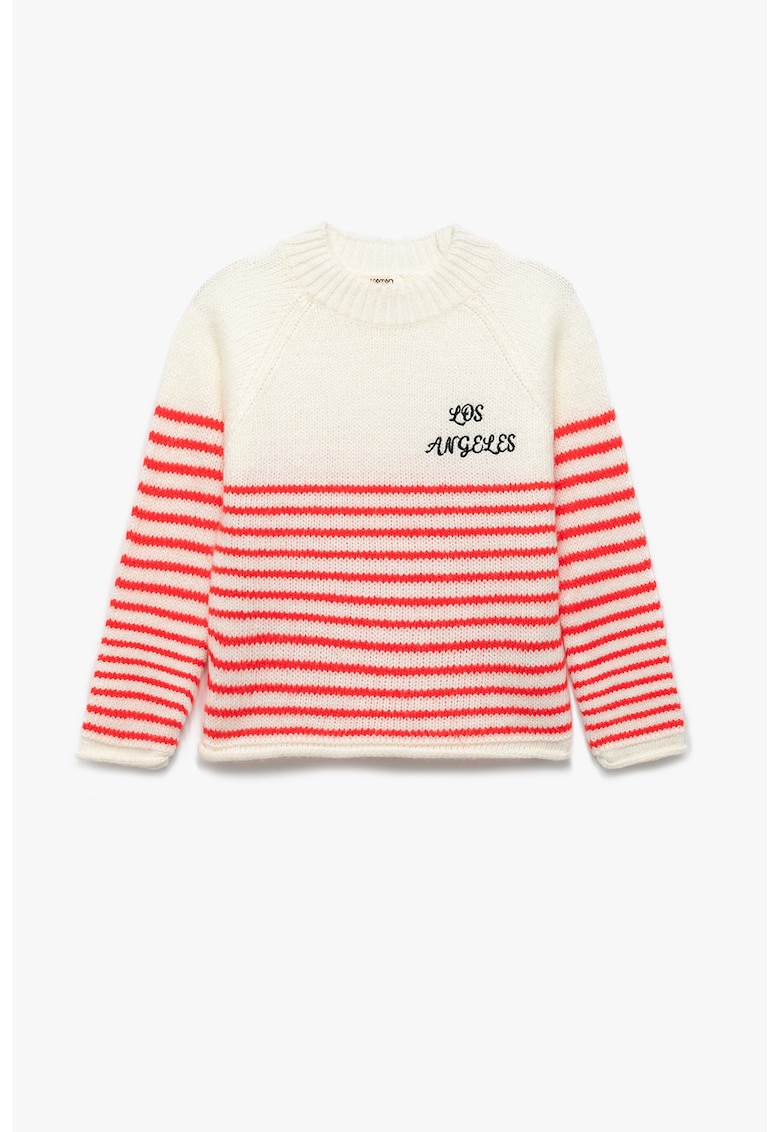 Pulover cu dungi si maneci raglan - Alb fildes/Coral