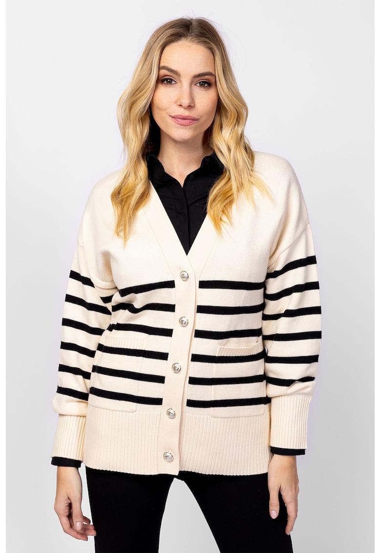 Cardigan lejer cu model in dungi si maneci cazute - Alb fildes